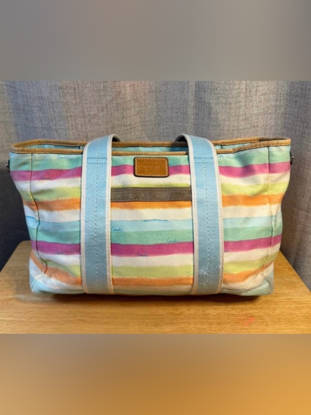 Coach Multicolor Striped Canvas Tote with Light Blue Straps
